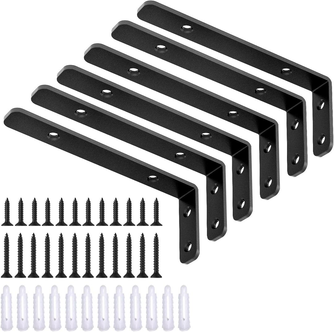 LSK 6PCS L Bracket, 5"2"(12550mm) Shelf Support Corner Bracket for Wooden Board, Max Load : 42lb, Black