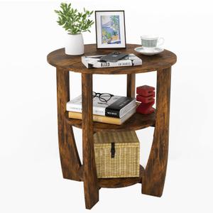 Round End Table with Storage Shelf,3 Tier Modern Side Table, Sofa Recliner Side Table,Accent Coffee Table,Nightstand for Living Room Bedroom for Small Spaces,19.7" D x 21.7" H (Rustic Brown)