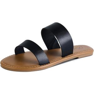 Putu Women's Two Strap Flat Sandals Casual Slide Sandals for Wide Feet (7, Black)