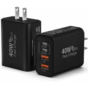 USB C Wall Fast Charger Block, 40W 4-Port Type C Chargers Fast Charging Blocks PD Power Charger Adapter+QC 3.0 USB Multiport Charger Brick for Phone 17/16/15/14/13/12 Pro Max, i-Pad, Galaxy S25-2Pack