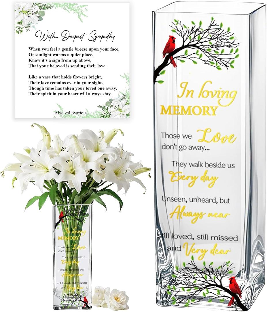 Sympathy Memorial Flowers Vase, Cardinal Grief Gifts for Loss of Love One, Funeral Glass Vase, in Loving Memory Comfort Heaven Gift, Best for Condolence, Bereavement, Remembrance, Celebration of Life