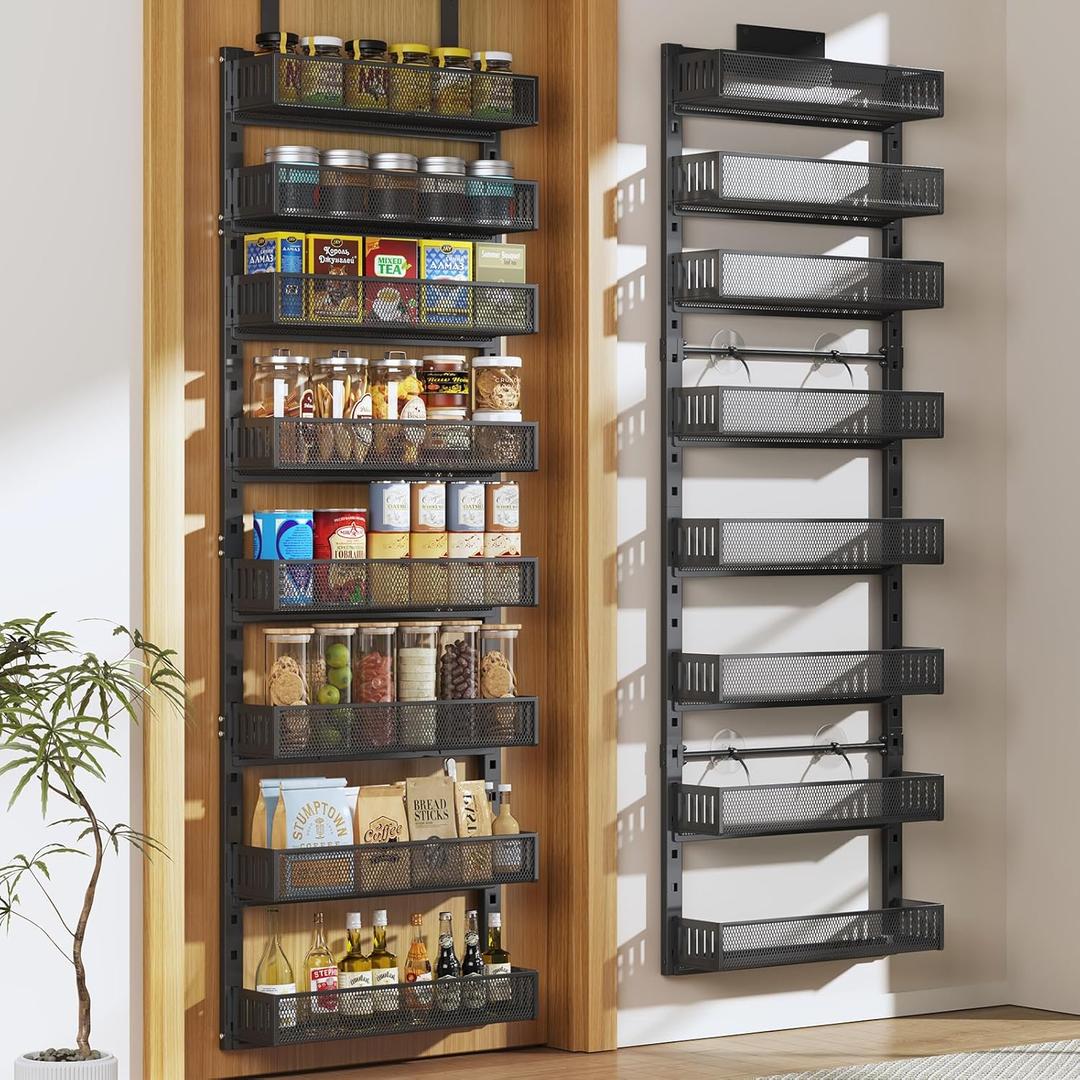 Pantry Door Organizers and Storage, 8-Tier Large Metal Heavy-Duty Frame Over the Door Spice Rack, 2 in 1 Wall-Mounted or Hanging shelf for Kitchen, Bathroom, Laundry Room, Bedroom, Closet &Nursery (Black)
