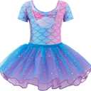 Zaclotre Girls Ballet Leotards Short Sleeve Bow Back Tutu Ballerina Costume Toddler Dance Dress Outfit Combo (4-5T, Pink Blue Mermaid)