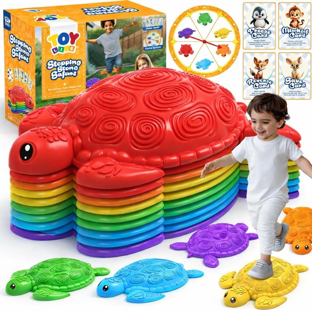 TOY Life 10 Pcs Turtle Balance Stepping Stone for Kids, Indoor Outside Toys for Kids Ages 4-8, Toddler Outdoor Toys, Stepping Stones Game, with Cards and Spinner, Small