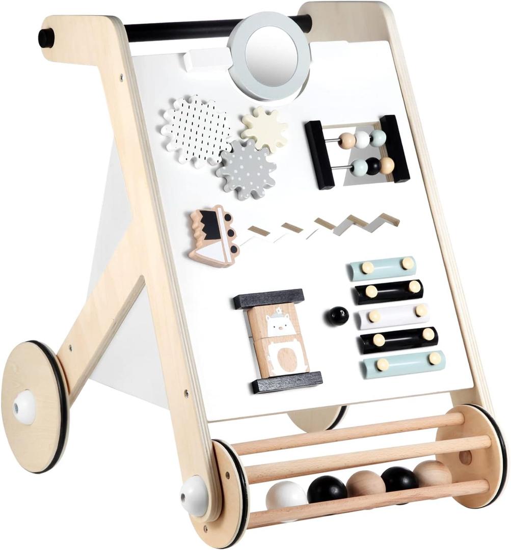 Beright Wooden Baby Walker with Roller, Push and Pull Learning Activity Walker, Multi-Functional Kids Activity Toy, Multiple Activities Center, Develops Motor Skills & Stimulates Creativity, Natural