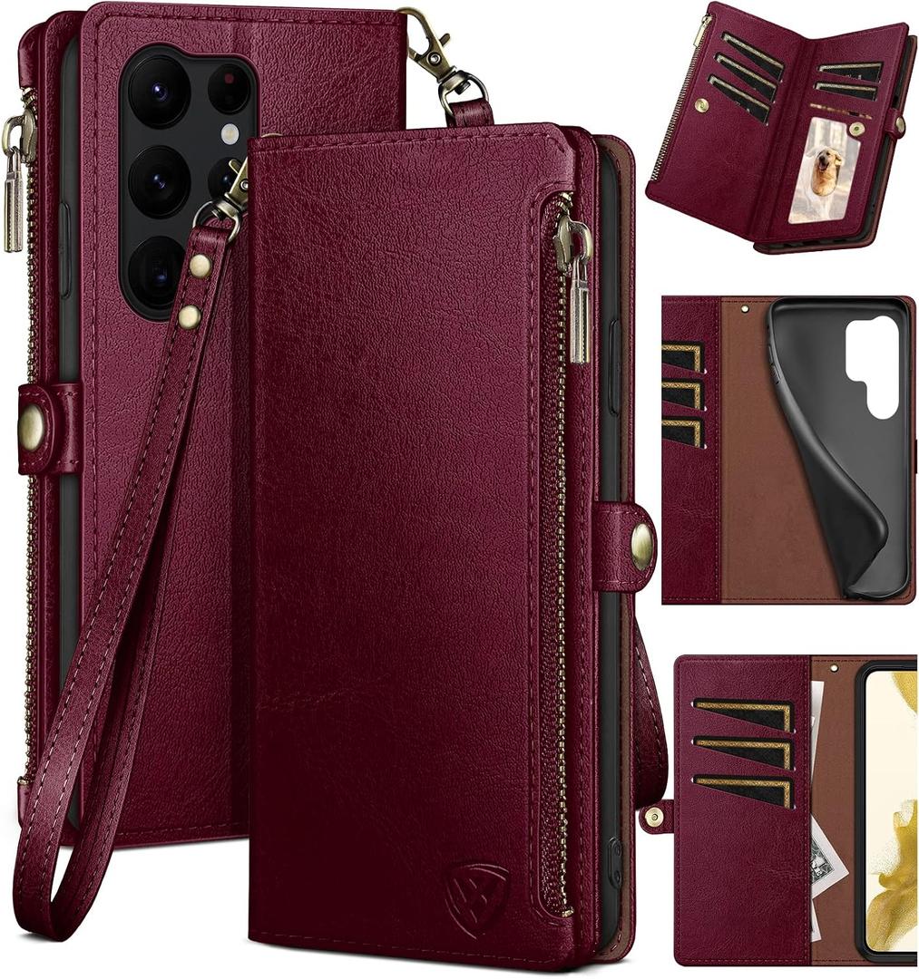 XcaseBar for Samsung Galaxy S23 Ultra Wallet case with Zipper【RFID Blocking】 Credit Card Holder, Flip Folio Book PU Leather Phone case Shockproof Cover Women Men for Samsung S23Ultra case Wine Red