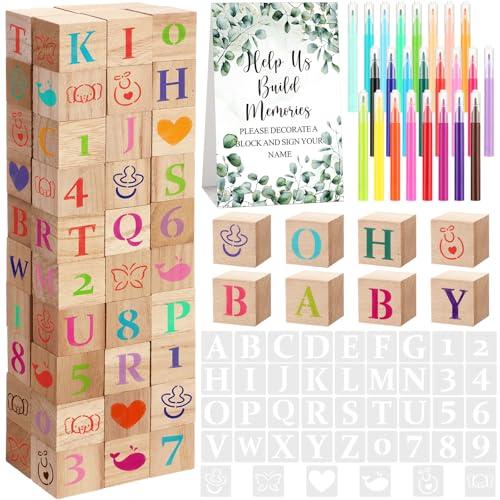 Wonderjune 147 Pcs Baby Shower Blocks Games Sets, 80 DIY Blank Wooden Block 42 Stencils 24 Watercolor Marker 1 Decorate a Block Game Sign for Gender Reveal Baby Shower Party Supplies(Eucalyptus)