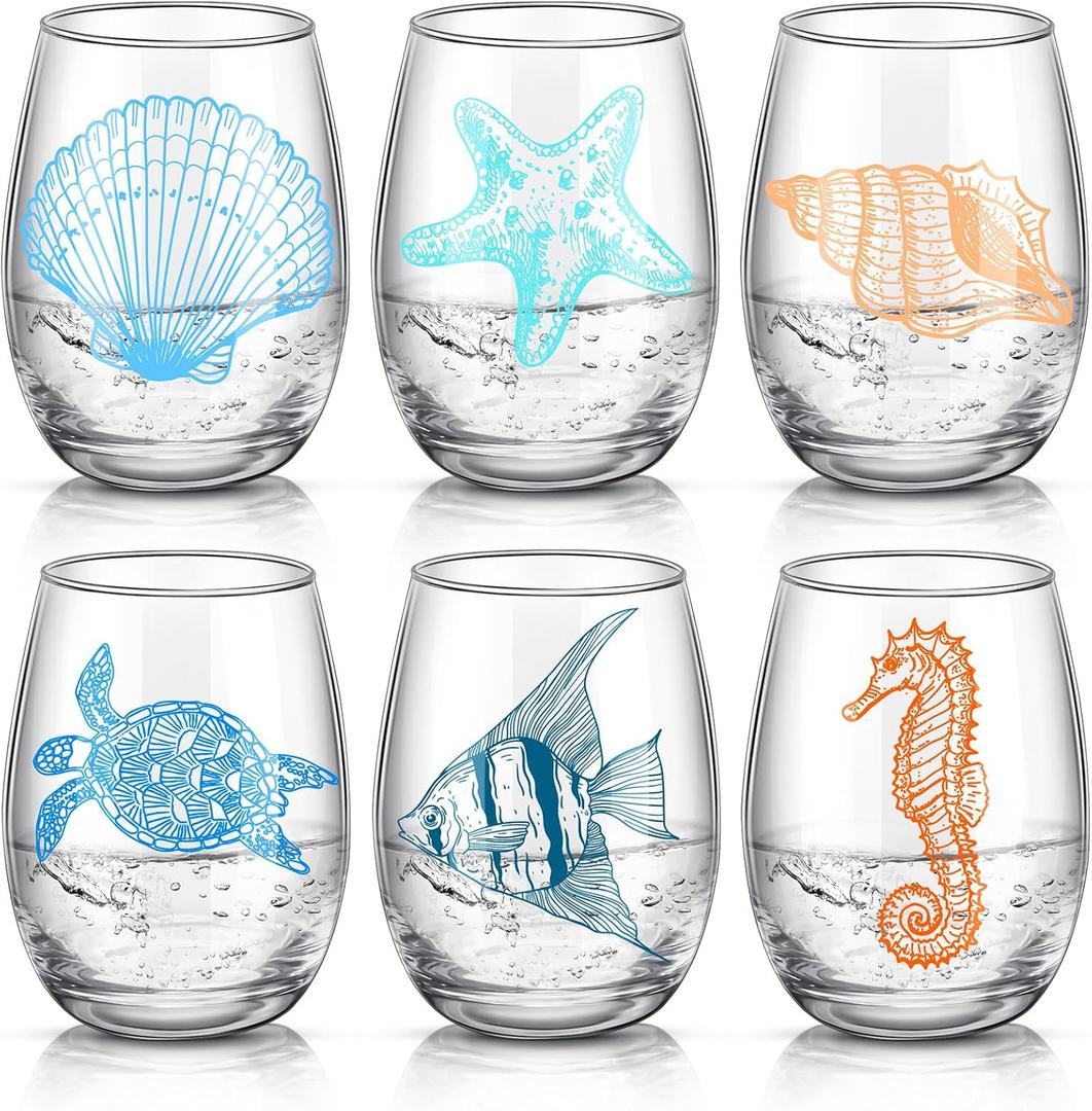 6 Pcs Ocean Stemless Wine Glasses Sea Beach Turtle Starfish Sea Conch Seashore Glassware Bottle Glass Cute No Stem Drinking Glassware for Women Men Christmas Birthday Wine Lovers Gifts, Clear