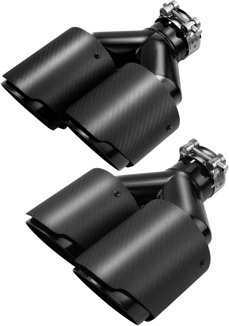 LCGP 2 Pack Carbon Fiber Exhaust Tip 2.25" Inlet to Dual 3.5" Outlet 9.8" Long Black Stainless Steel Y Pipe Tailpipe tip