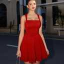 GOKATOSAU Women's Square Neck Sleeveless Bodycon Ruched Waist Flowy A-Line Ruffle Hem Mini Dress Red (Red, L)