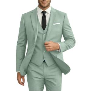 Men Suits 3 Pieces Set Slim Fit Wedding Suit Groomsmen Prom Suit Tuxedo Business Formal Casual Groom Suit Jacket Blazer Pants (Green, L)