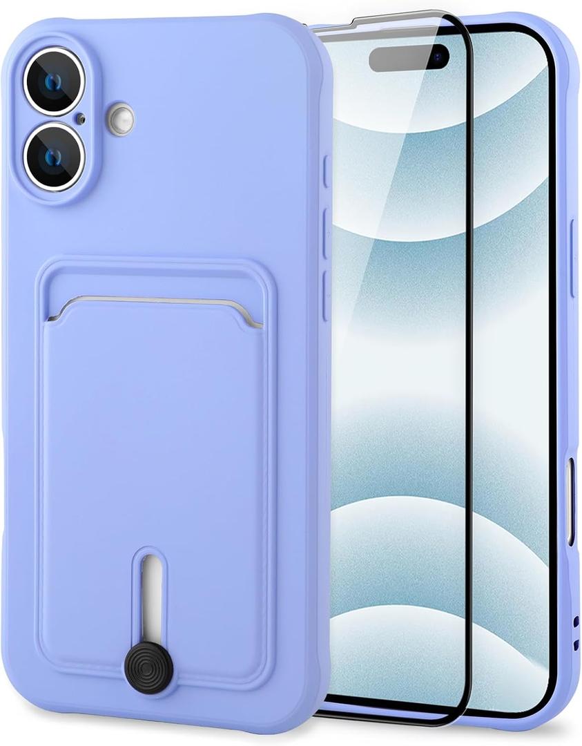 MZELQ TPU Wallet Compatible with iPhone 16 Plus Case, Card Holder Camera Protection Cover + Screen Protector, Push-able Slot for Girls Women -Purple