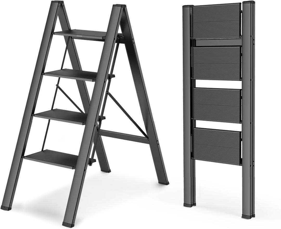 WOA WOA 4 Step Ladder, Foldable Step Stool, Aluminum Lightweight Ladder for Home Kitchen Closet, Anti-Slip Pedals, Ease of Folding, Portable, 300lbs Capacity - Black