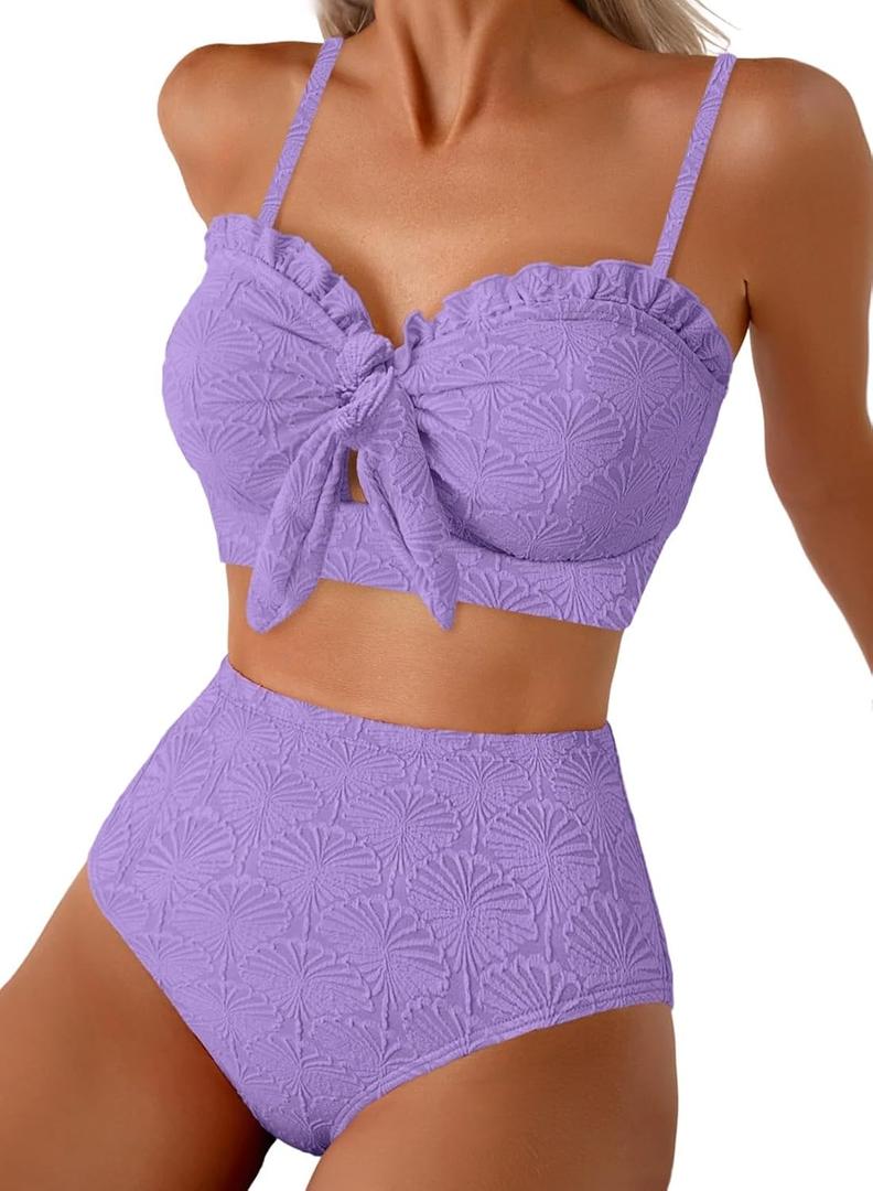 Herseas Women's Seashell Textured Bikini Sets Knotted Front 2 Piece Swimsuits Ruffle Trim Bathing Suits (Large, Purple)