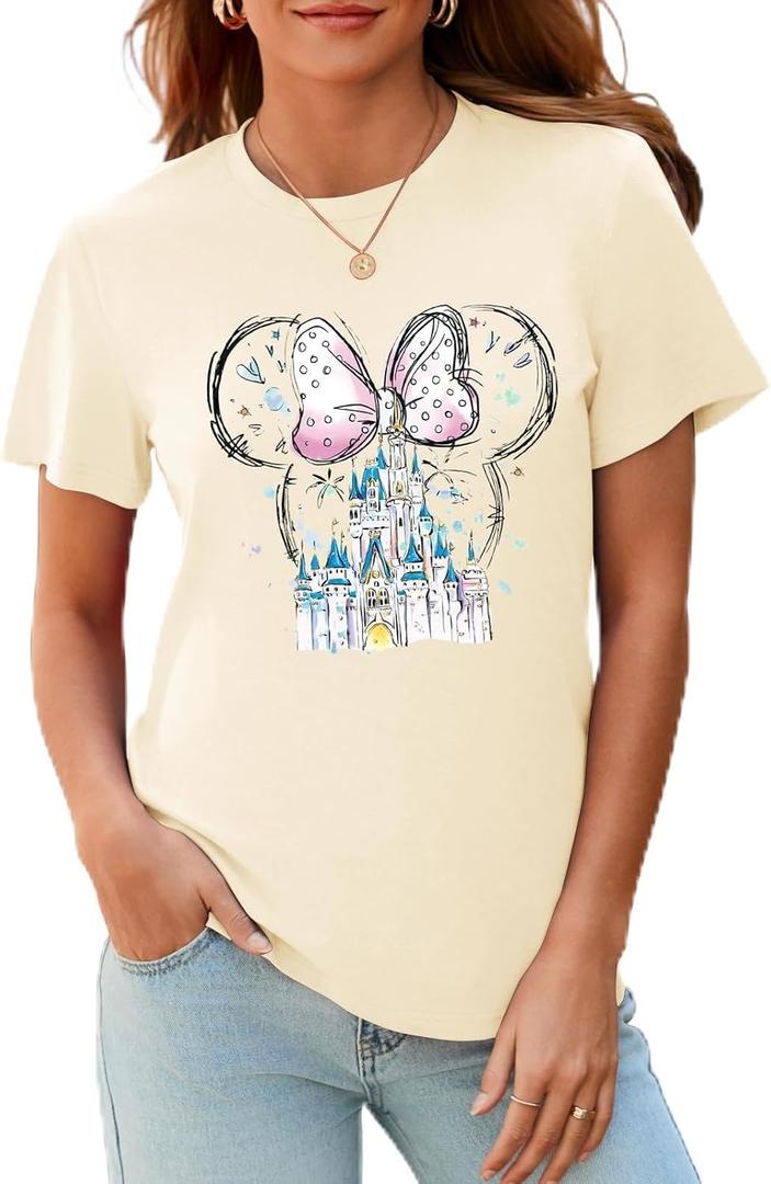 Magical Shirt for Women Magic Kingdom T Shirt Family Vacation Tee Princess Castle Casual Short Sleeve Tops (Beige, S)