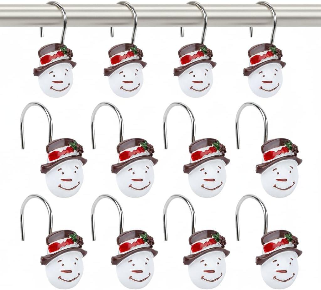 ibasenice 12 Pcs Christmas Shower Curtain Hooks, Cute Snowman Rust Proof Shower Curtain Rings, Resin Stainless Steel Xmas Decorative Hangers for Winter Holiday Bathroom Farmhouse Home Decor