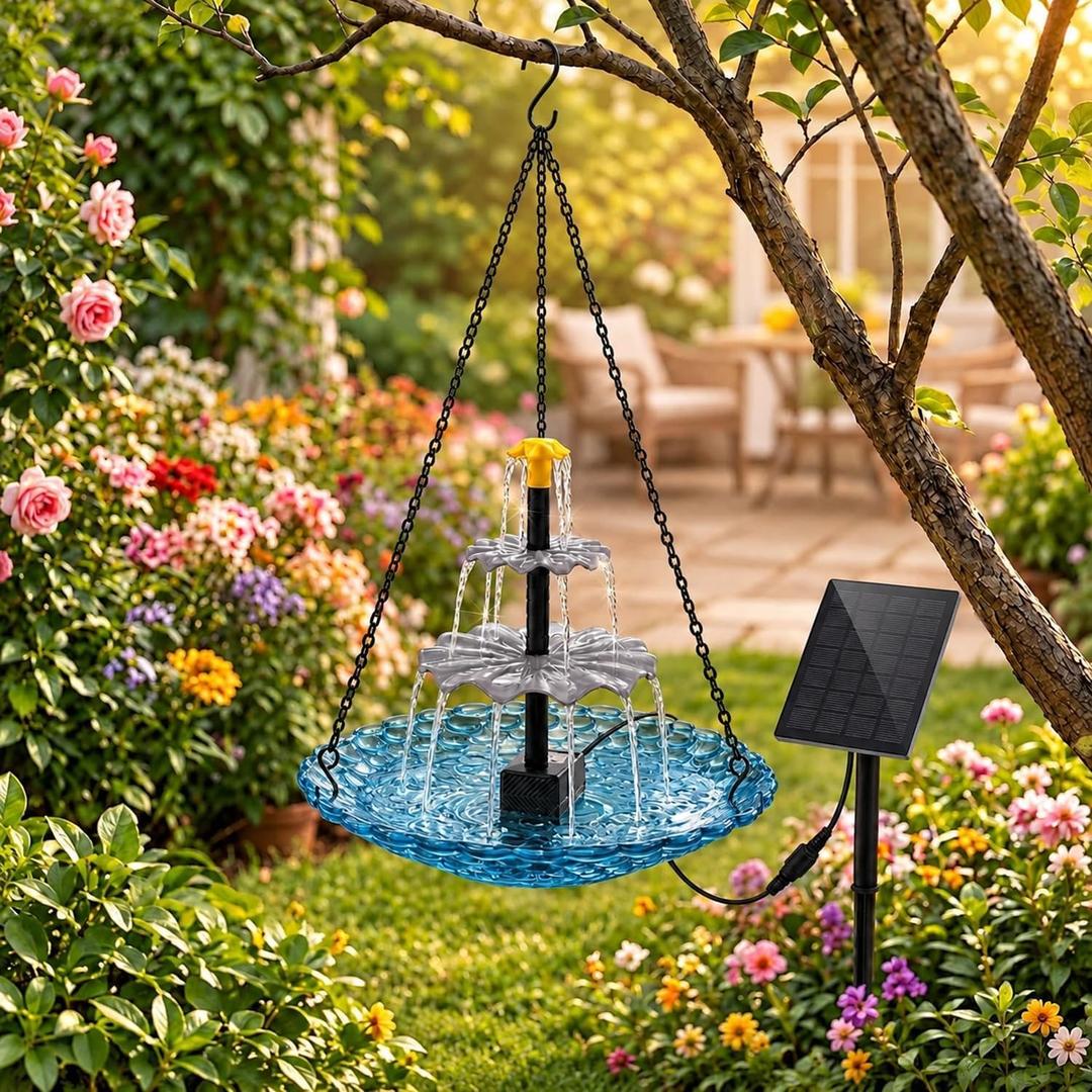 3-Tier Solar Cascading Bird Bath Fountain with Glass Basin