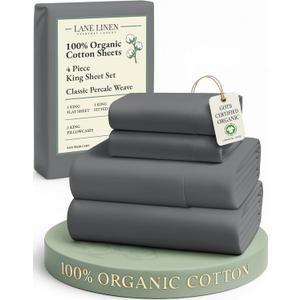 LANE LINEN 100% Organic Cotton Sheets King Size Machine Washable Fully Elasticized Soft & Comfy Mercerized Sustainably Produced All Season Eco Friendly Cotton Sheets sbanas King- Charcoal