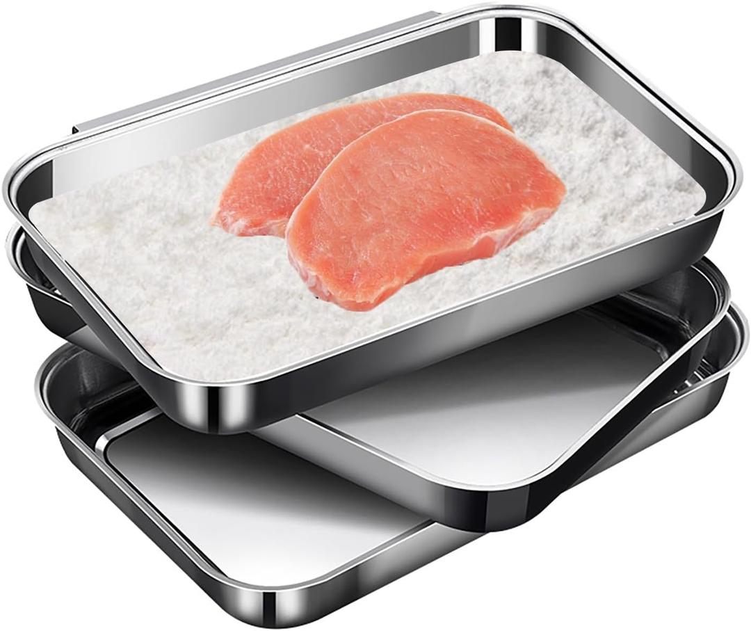 3Pcs Stainless Steel Breading Pans Set, Interlocking Pans for Breading Chicken Breasts,Pork Cutlets,Fish Chips and More (8.5" x 5.8" x 1.2")