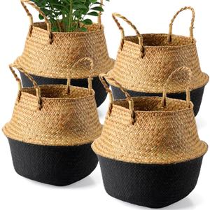 Suzile 4 Pcs Large Woven Seagrass Belly Basket Plant Basket with Handles, 12.6 x 11 Inch Round Plant Baskets Indoor Wicker Basket Planter Plant Pot Basket Storage for Home Outdoor Tree Planters