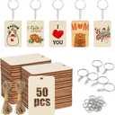 50Pcs Blank Rectangle Wooden Keychain Set, Unfinished Wood Slices with 50Pcs Key Rings, with Jute Rope Wood Keychain Key Tags for DIY Craft Supplies