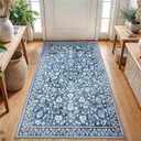 Vintage 3x5 Washable Rug for Entryway, Super Soft Blue and White Entryway Rug Non-Slip, Printed Faux Wool Floral 3x5 Area Rug Thin Floor Carpet for Kitchen, Bedroom, Office, Living Room
