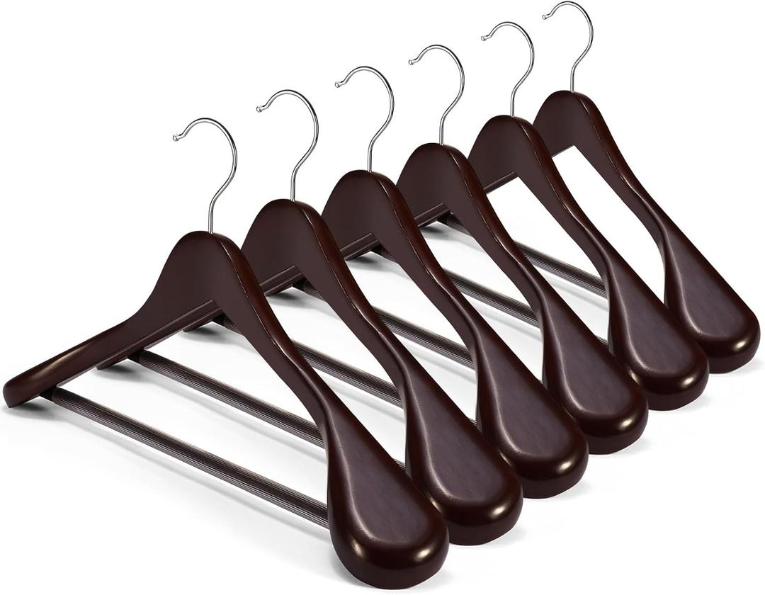 HOUSE DAY Wood Suit Hangers for Men, Wide Shoulder Wooden Hangers with Non Slip Pants Bar, Smooth Retro Finish 360 Swivel Hook Solid Wood Coat Hangers for Heavy Clothes Hanger 6 Pack (Cherry Wood)