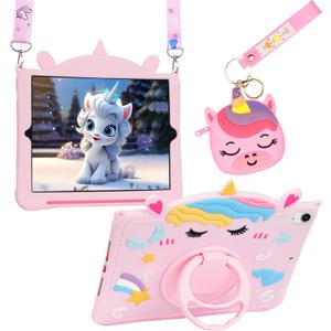 Cute Unicorn Case for iPad 10th Generation 10.9 inch 2022, iPad (A16) 11th Generation 11 Inch 2025 Tablet Cover for Kids Girls with Strap Pencil Holder Rotatable Stand- Pink
