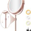 9" Lighted Makeup Mirror with 1X 10x Magnification, 5000mAh Rechargeable Led Magnifying Vanity Mirror with Lights, 3 Lighting Color, Dimmable and Height Adjustable Cordless Cosmetic Mirror Rose Gold