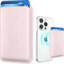Amzone Magnetic Wallet Cell Phone Card Holder for Phone Case with Mag-Safe, Stronger Magnetic RFID Leather Phone Wallet Stick on Series of iPhone 15/14/13/12 and Pro/Promax, Pink