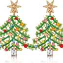 DTOFOOT Christmas Enamel Earrings, Christmas Tree Sparkly Crystal Stud Earrings Beaded Xmas Dangle Earrings for Costume Party Earrings Holiday Festive Jewelry