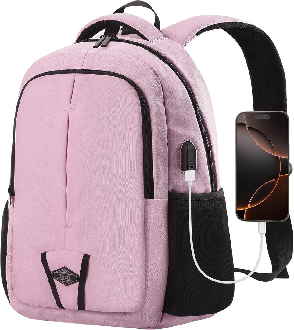 Zecti Travel Laptop Backpack for Men Women 17 Inch Casual Backpack for Work,Travel,Carry on College Backpack with USB Charging Hole, Water Resistant, Large Capacity Pink