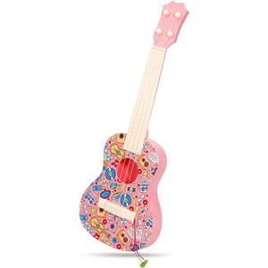 LeeQee 21in Colorful Graffiti Ukulele Guitar for Kids, 4 Strings Kids Guitar Ukulele Musical Instruments Learning Educational Toys with Picks for 3 4 5 6 7 8 9 10 11 12 Toddler Boys Girls (Pink)