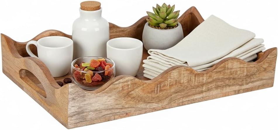 Mela Artisans Wooden Serving Tray with Handles | 12x8x2.5 Mango Wood Decorative Tray | Ottoman Tray | Snacks | Desserts | Breads | Coffee Table | Bedroom | Scalloped Design