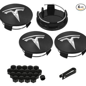 4 Pack Exterior Decoration Wheel Center Cover for Tesla Model 3 Model Y,56mm Hubcaps Wheel Rim Cover Tesla Center Caps Hubcaps+20 Black Lug Nut Covers (Matte Black+Silver Emblem)