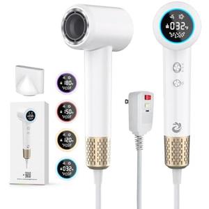 Hair Dryer, 1500W High Speed 110000 RPM Blow Dryer with Plasma Tech (Positive+Negative Ionic), LCD Display, 5 Modes, Thermo-Control, Low Noise, Fast Drying Travel Hair Dryer for Home or Travel(White)