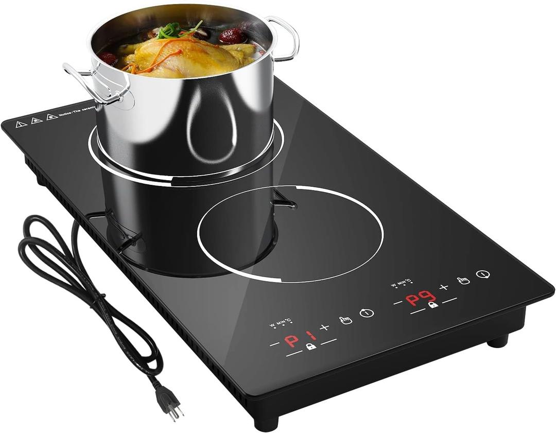 12 Induction Cooktop, Double Induction Cooktop 2 Burner 110v-120v Electric Stove Top, Countertop and Built-in, 9 Power Levels, Child Lock, 120 Mins Timer (Black)