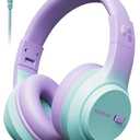 awatrue Kids Headphones, 74/85/94dB Volume Limiter, Foldable Wired Over Ear Headphones for Travel, 3.5mm Jack, Toddler Headphones for School, Chromebook, iPad, Tablet, Purple Green