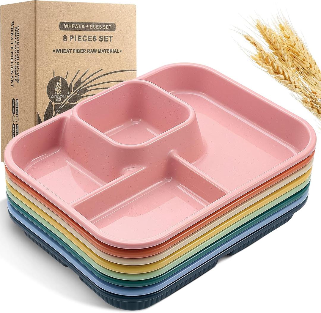 Pinkunn 8 Pcs 10'' Divided Plates Unbreakable Wheat Straw Dinnerware Lunch Trays Lightweight Reusable Plastic Compartment Microwave Dishwasher Safe Separator Plates(Multicolor)