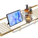 BVL Bathtub Tray Stainless Steel with Marble Base Gold Bathtub Tray with White Marble Base Adjustable & Rustproof Bath Caddy for Spa, Relaxation, Bath Bombs
