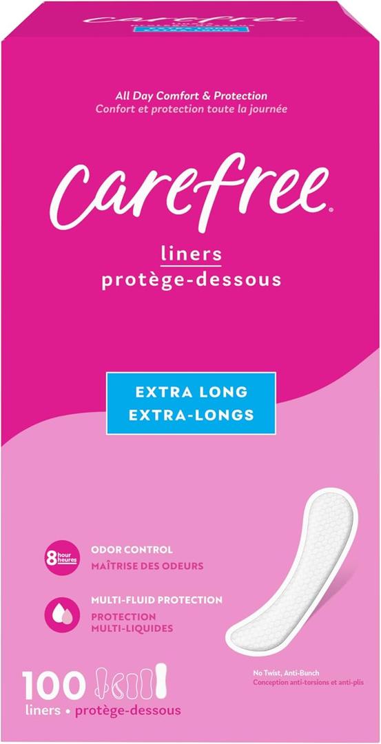 100 x Carefree Panty Liners for Women Extra Long, Unwrapped, Unscented, 100ct