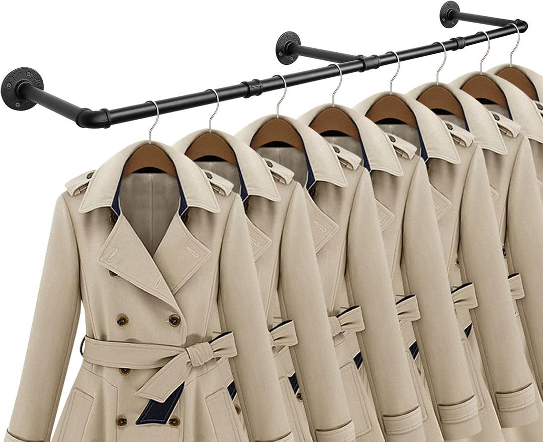 Industrial Iron Pipe Clothes Hanging Bar DIY Wall-Mounted Garment Rack Heavy Duty Clothing Rack for Bedroom, Laundry Room, Closet Storage (Black 60 inch)