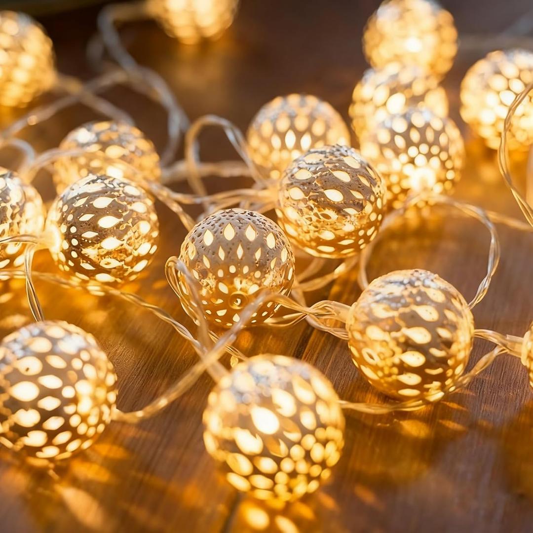2 x USB & Battery Operated Fairy Moroccan String Lights for Home Bedroom Decor, 9.8ft 20 LED Decorative Metal Gold Globe Lanterns 8 Modes Diwali Decoration for Christmas Birthday Boho Party (Warm White)