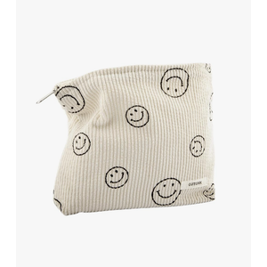 Makeup Bag For Women - Corduroy Cosmetic Bags Aesthetic Design Ladies Tote pouch Women's Pencil Case,Cute Smiley Face Makeup Organizer with Zipper (Beige)