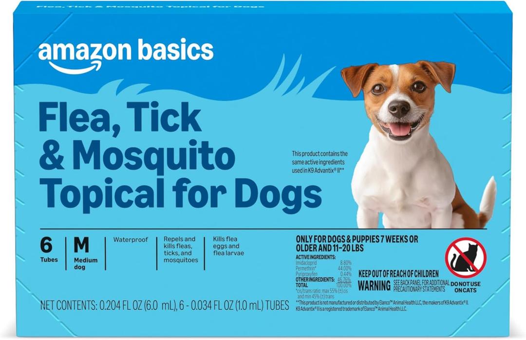 Amazon Basics Preventative Flea, Tick & Mosquito Topical Treatment for Medium Dogs (11-20 pounds), 6 Count