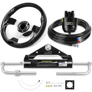 100HP/150HP/300HP Hydraulic Outboard Steering Kit, Marine Hydraulic Steering System with Bi-Directional Locking Cylinders and High Strength Nylon Hose, Single Station, Single Engine Use