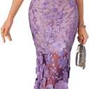 Women's 3D Floral Embroidery Dress Sheer Mesh Square Neck Lace Bodycon Party Cocktail Mini Dress (Purple, L)