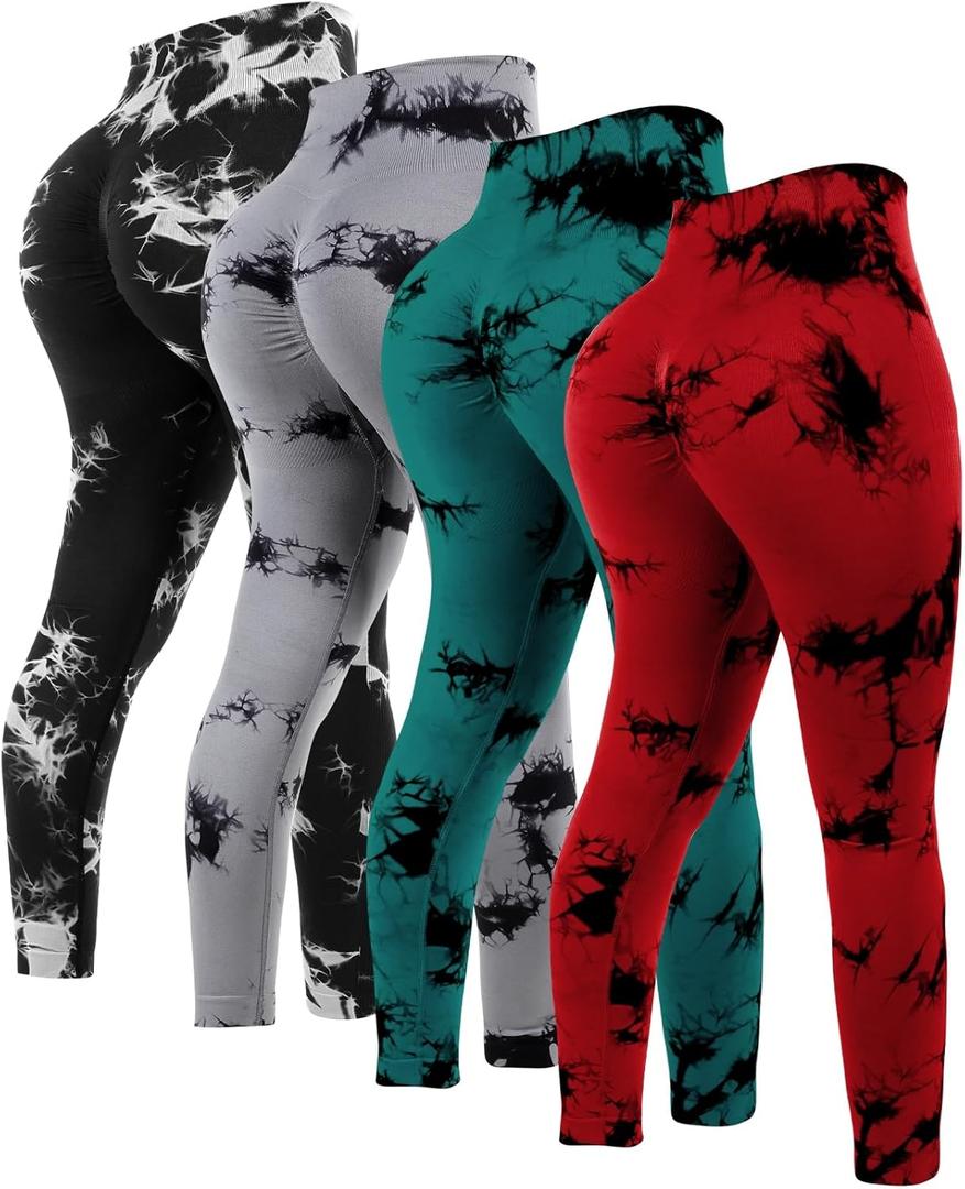 4 Pcs Womens Workout Leggings Tie Dye High Waisted Yoga Pants Seamless Scrunch Butt Lifting Compression Tights (X-Large, Gray, Black, Dark Green, Red)