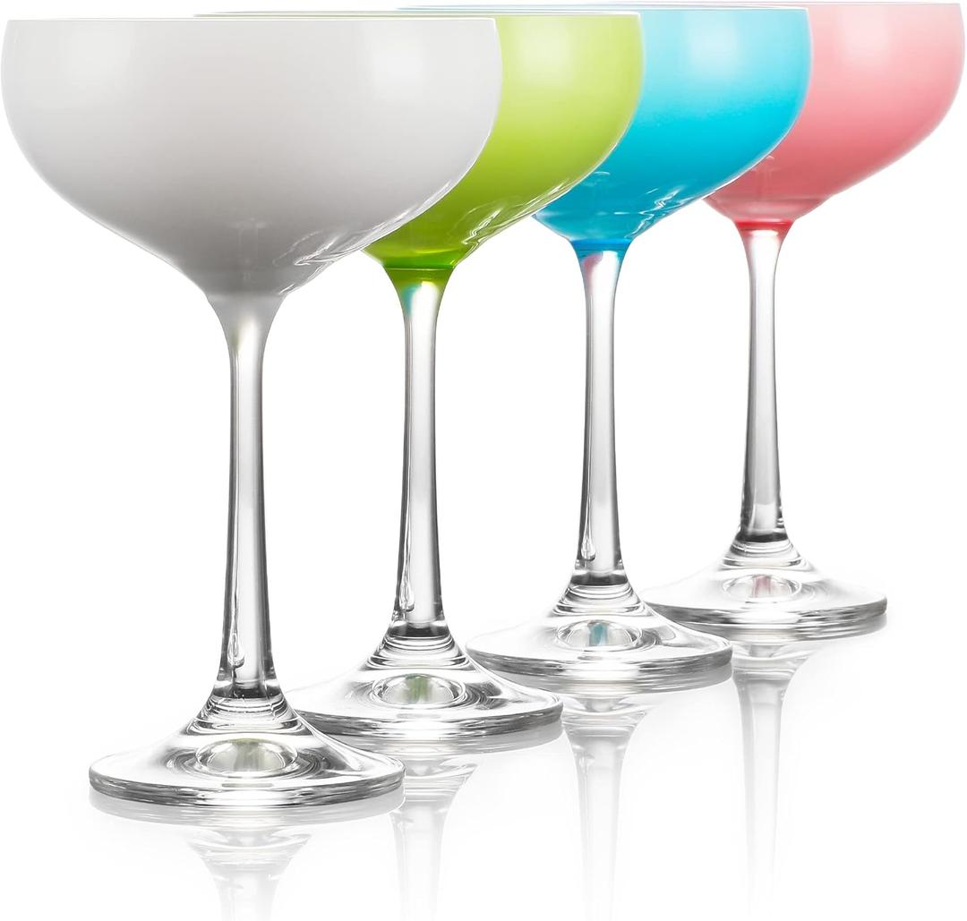 TABLE 12 5.8-Ounce Mini Coupe Cocktail Glasses, Glass Cups Set of 4, Champagne Glasses in Assorted Colors, Lead-Free European Crystal, Break Resistant Coupe Glass, Pack of 8 (32 total glasses)