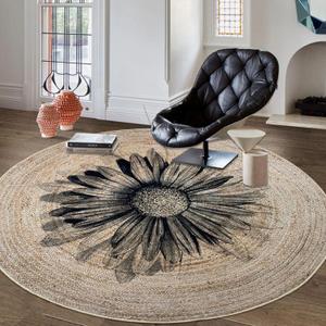 Floral Rug 5Ft Circle Jute Printed Bedroom Carpet Mat Large Round Sunflower Living Room Area Rug Black Flower Girls Playroom Floor Mat Non Shedding Rugs for Dorm Dressing Room Home Decor